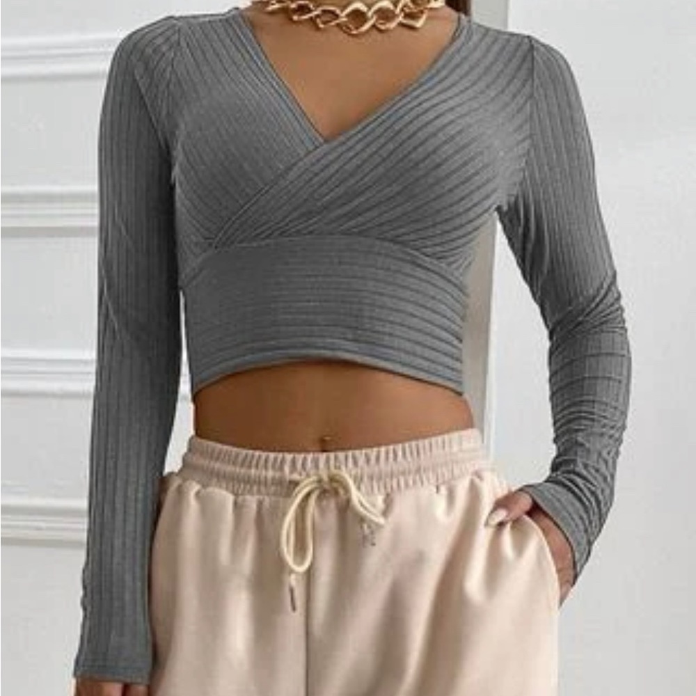 SHEIN Women’s Surplice-Neck Rib-Knit Cropped Tee, Grey, Size L